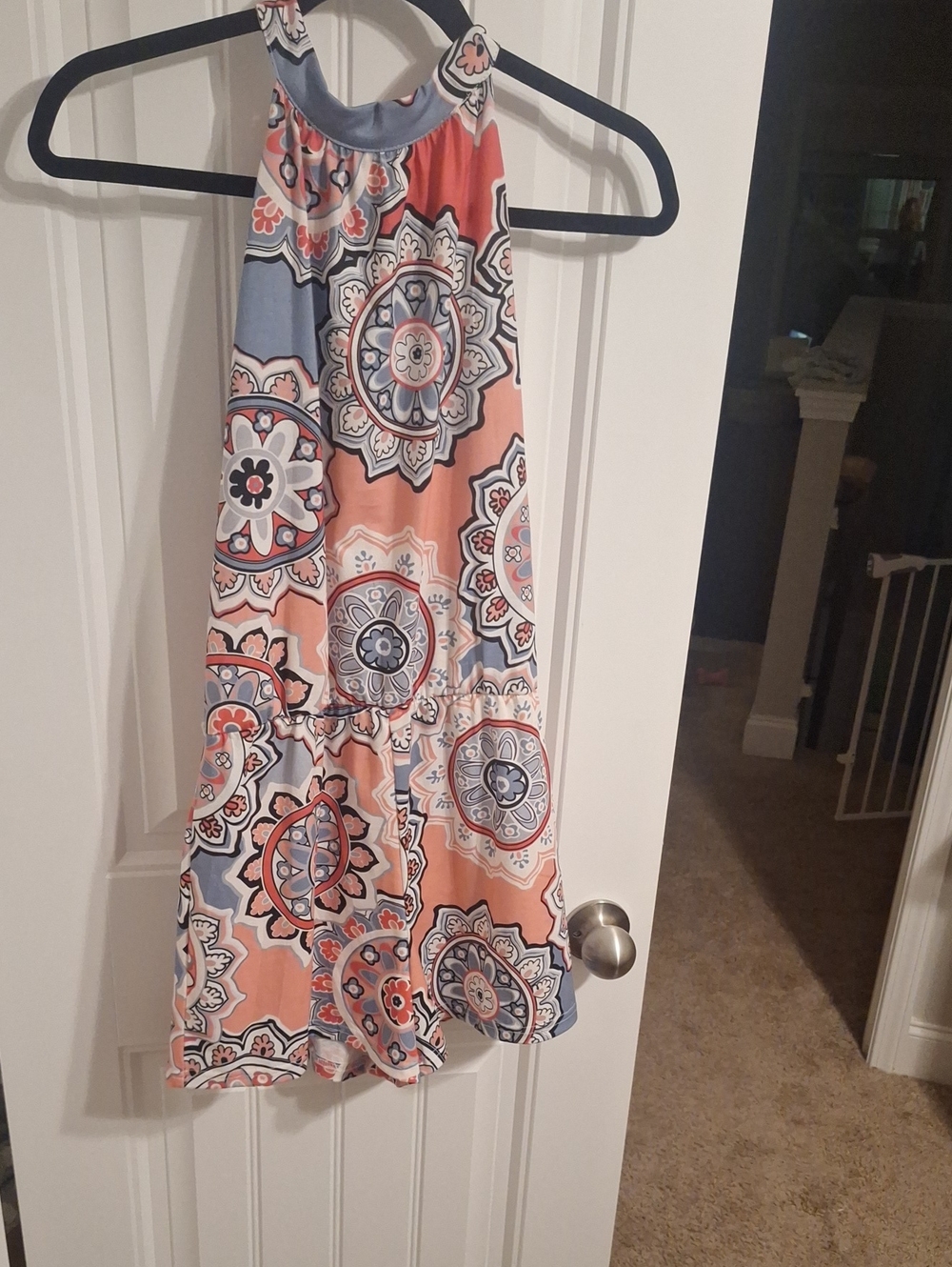 Sleeveless Printed Halter Romper in Peach and Blue